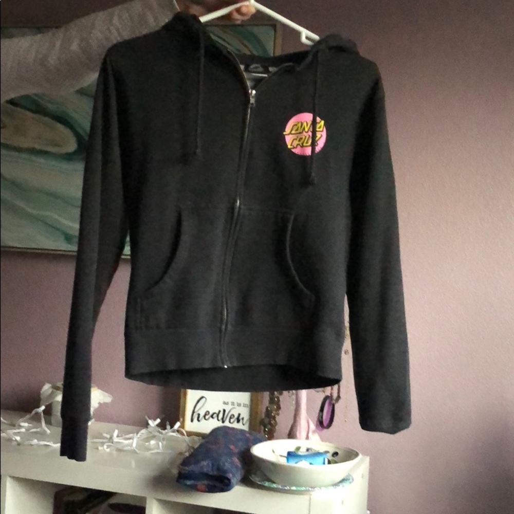Santa Cruz Skateboards Black Zip Hoodie with Pink Logo Accent